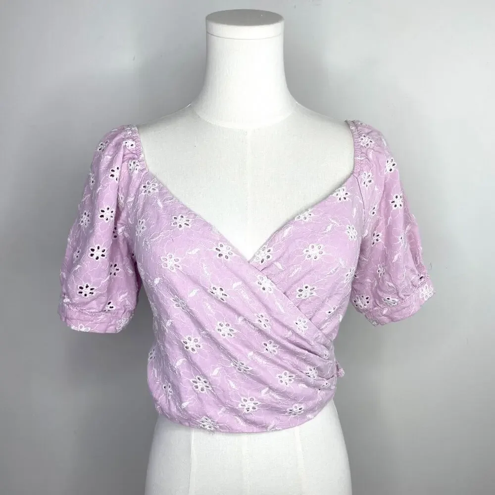 Astr Puff Sleeve Cropped Wrap‎ Top Small Eyelet Ruched Cottage Milkmaid Linen